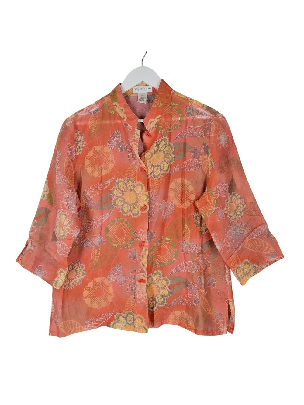 Draper's & Damon's Button Up Blouse Womens PL Orange Floral Sheer Linen Blend